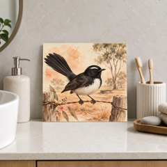 Wagtail on the Fence ceramic decorative tile in Warm Country, shown in a room mockup