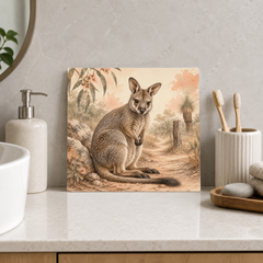 Wallaby by the Bush Track ceramic decorative tile in Warm Country, shown in a room mockup