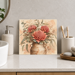 Waratah Milk Churn ceramic decorative tile in Warm Country, shown in a room mockup
