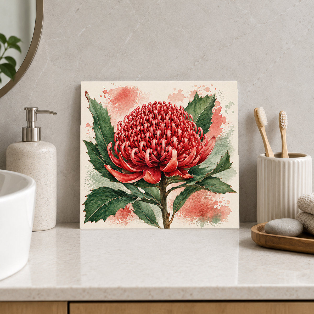 Waratah ceramic decorative tile in Pop Color, shown in a room mockup