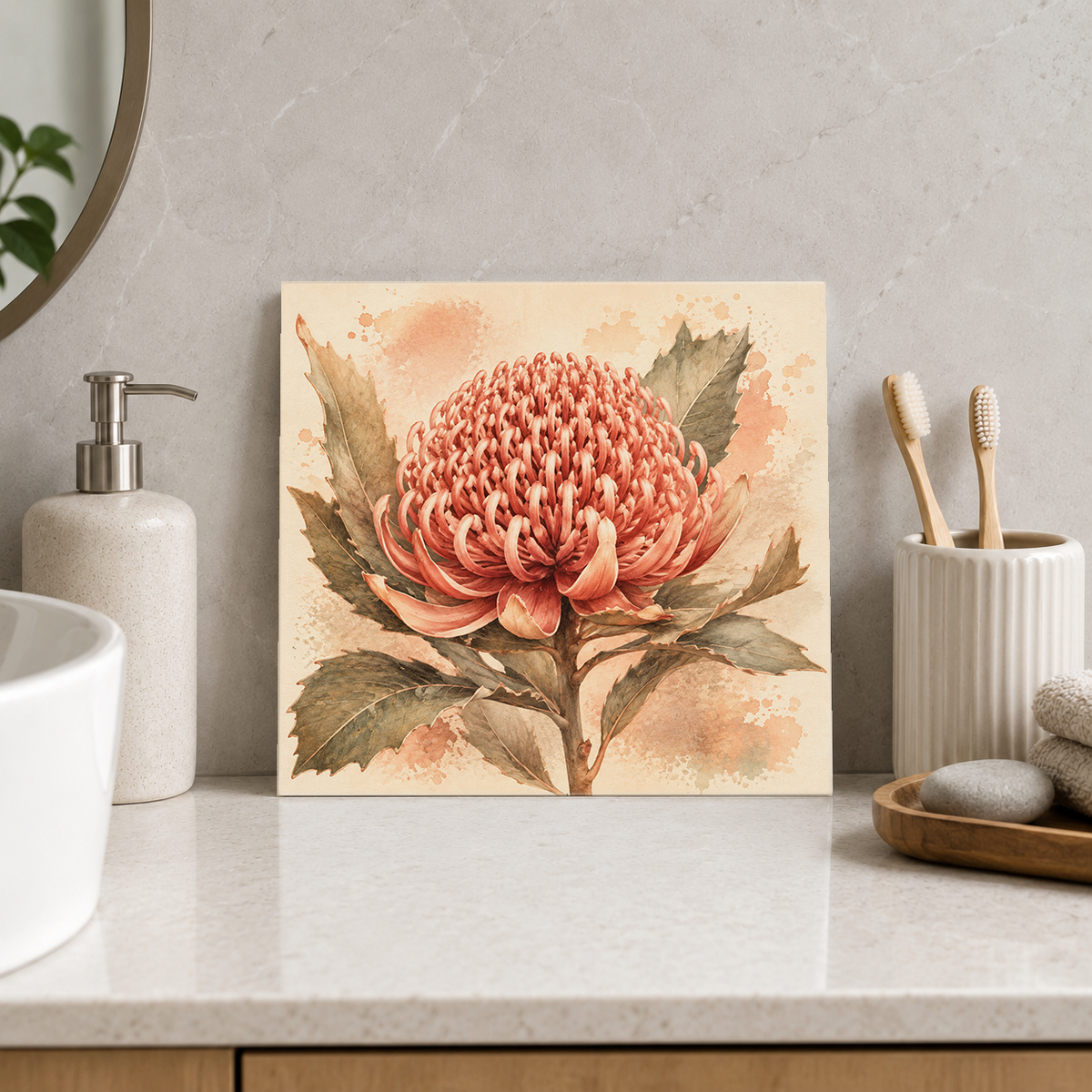 Waratah ceramic decorative tile in Warm Country, shown in a room mockup