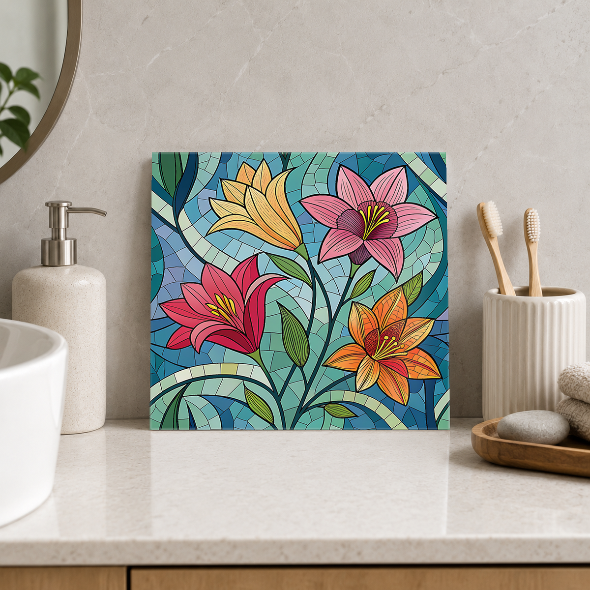 Warm Coloured Lilies on Sage Mosaic Tile displayed in the bathroom tile mock-up