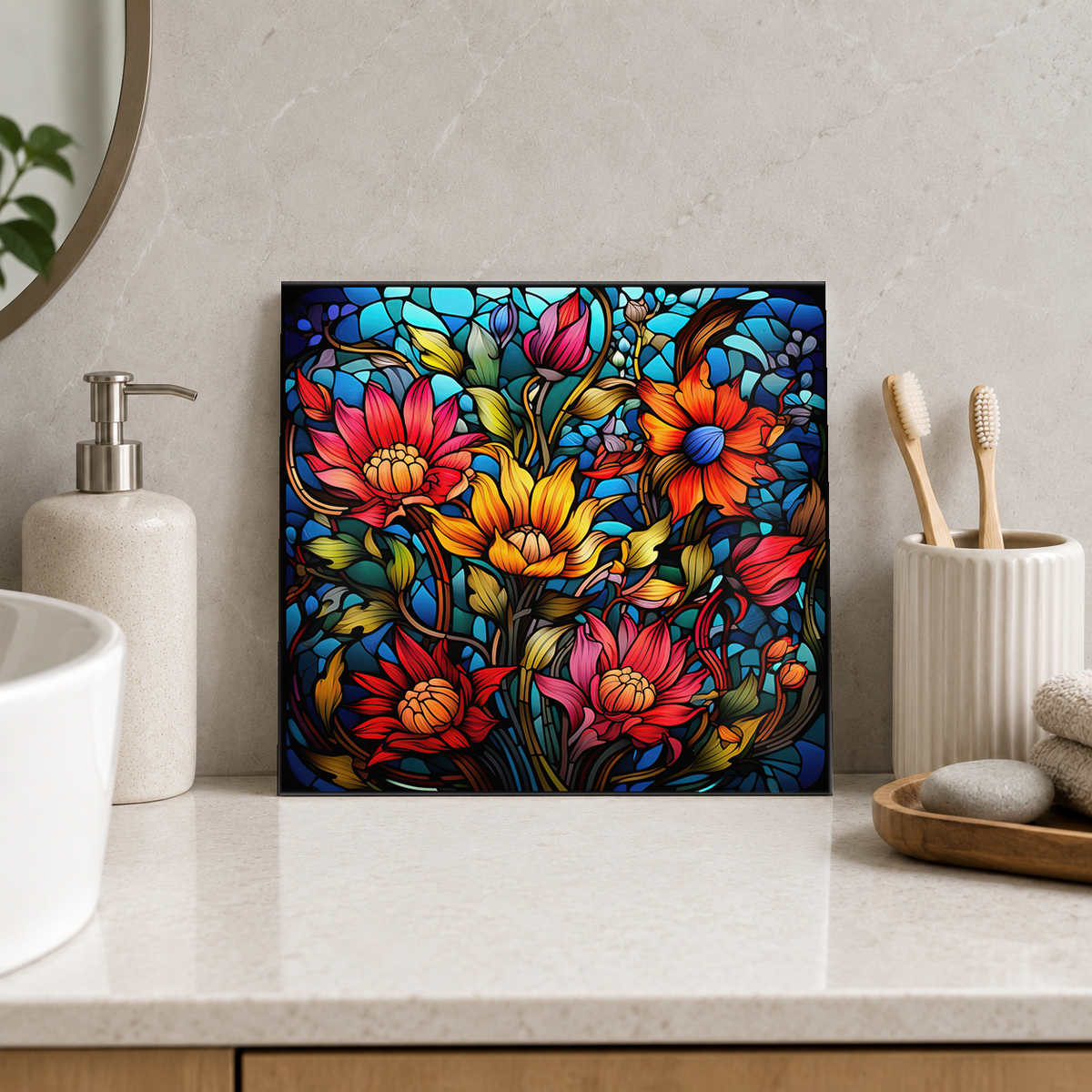 Warm Wildflower Bouquet on Blue Tile displayed in the bathroom tile mock-up