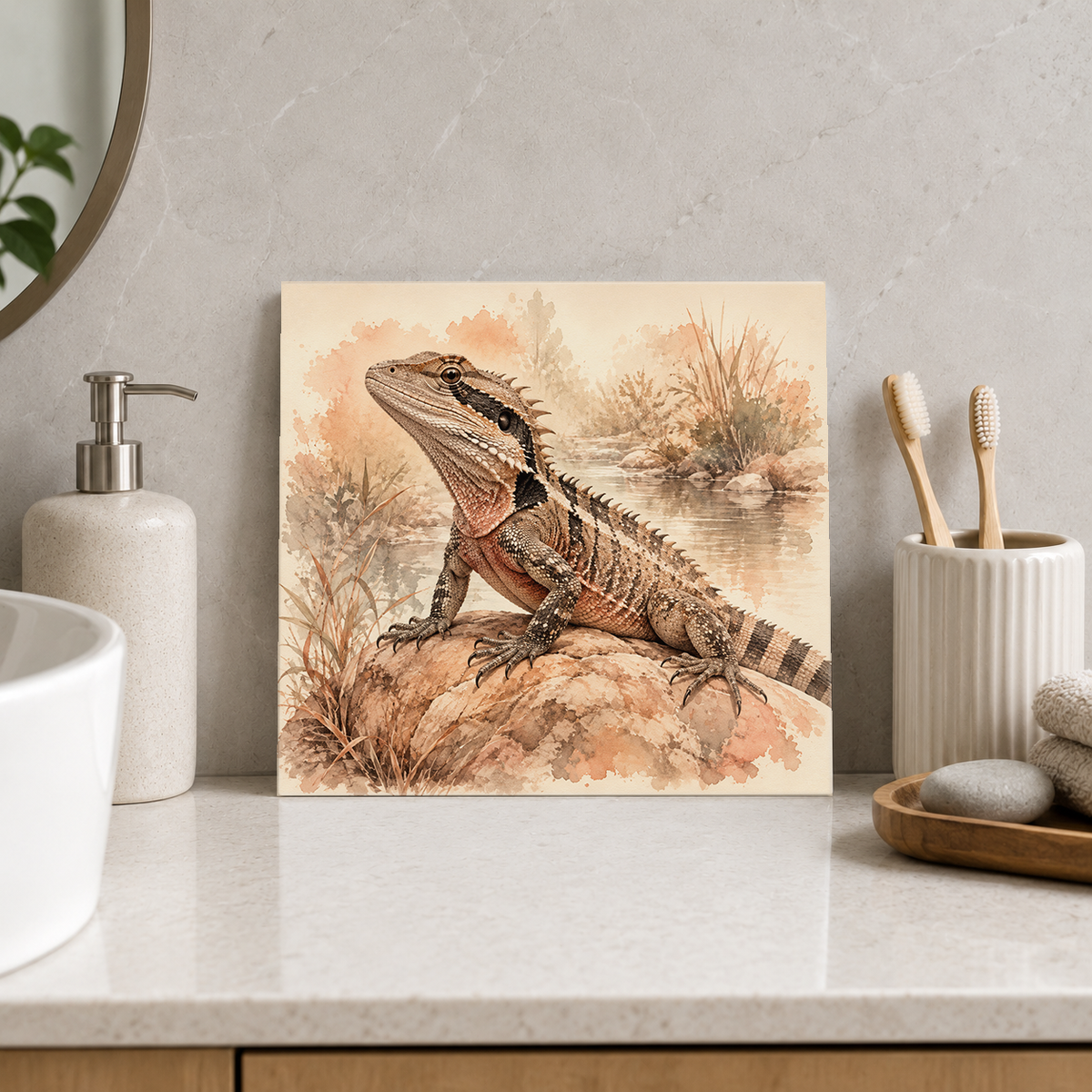 Water Dragon ceramic decorative tile in Warm Country, shown in a room mockup