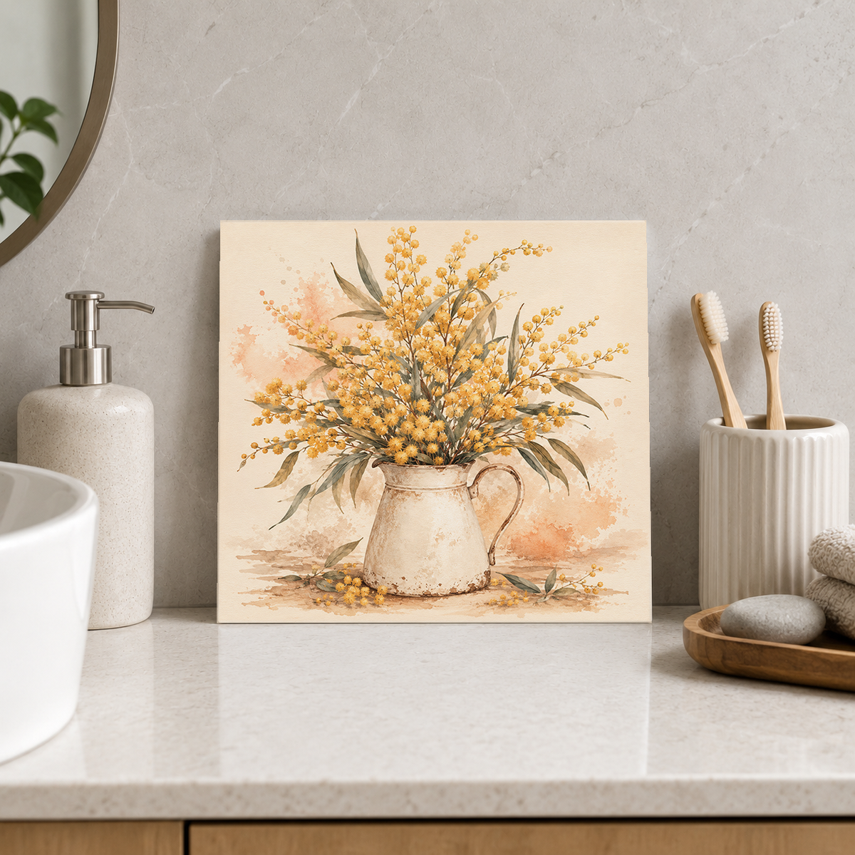 Wattle in Enamel ceramic decorative tile in Warm Country, shown in a room mockup