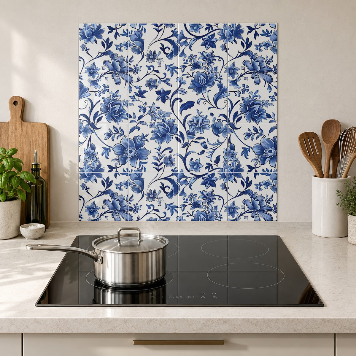 Blue floral tile splashback in a kitchen. Styling mockup; nominal 60 x 60 cm panel with 15 cm tiles.