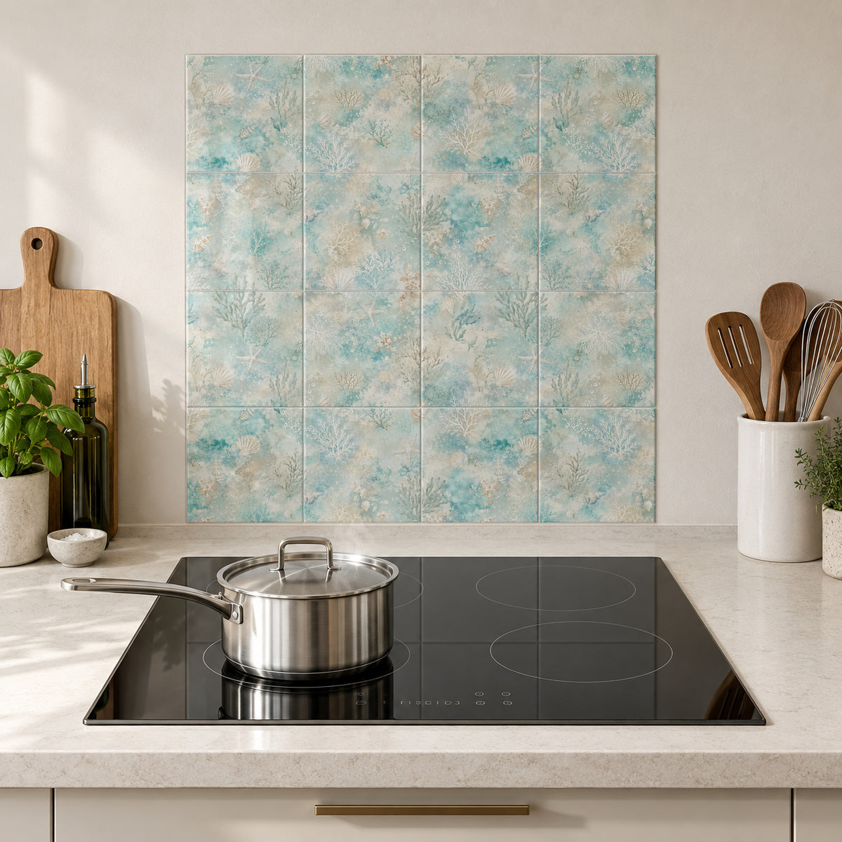 Seafoam Coral Watercolour in the Wolfborn Studio kitchen mockup; 60 x 60 cm panel across 4 rows and 4 columns of 15 cm tiles. Styling illustration.
