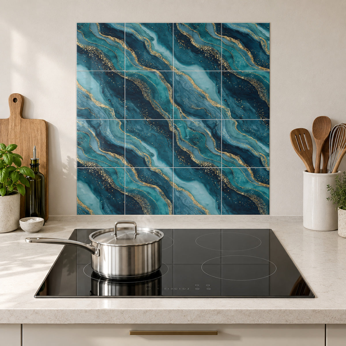 Azure Gold Agate in the Wolfborn Studio kitchen mockup; 60 x 60 cm panel across 4 rows and 4 columns of 15 cm tiles. Styling illustration.