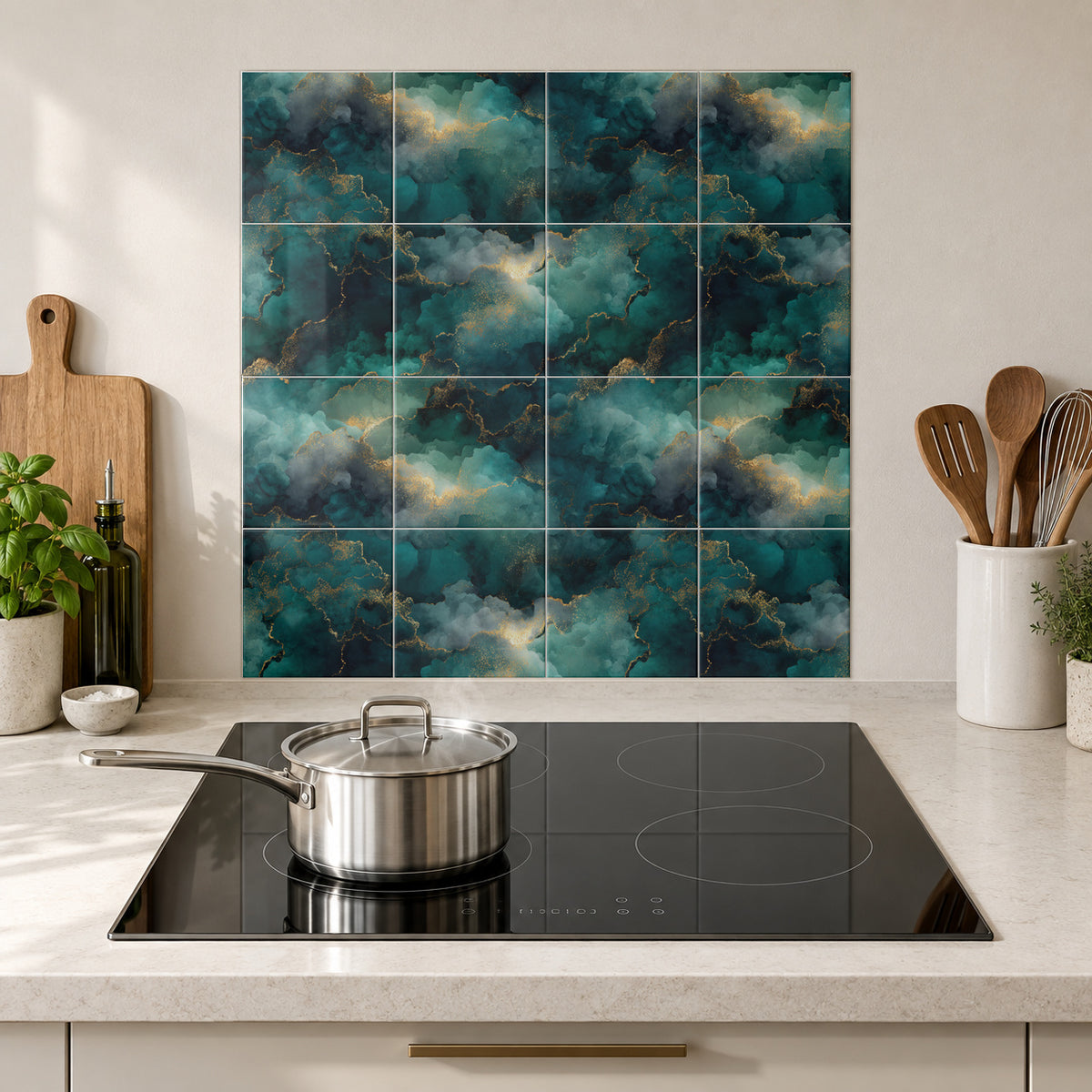 Deep Lagoon Gold Clouds in the Wolfborn Studio kitchen mockup; 60 x 60 cm panel across 4 rows and 4 columns of 15 cm tiles. Styling illustration.
