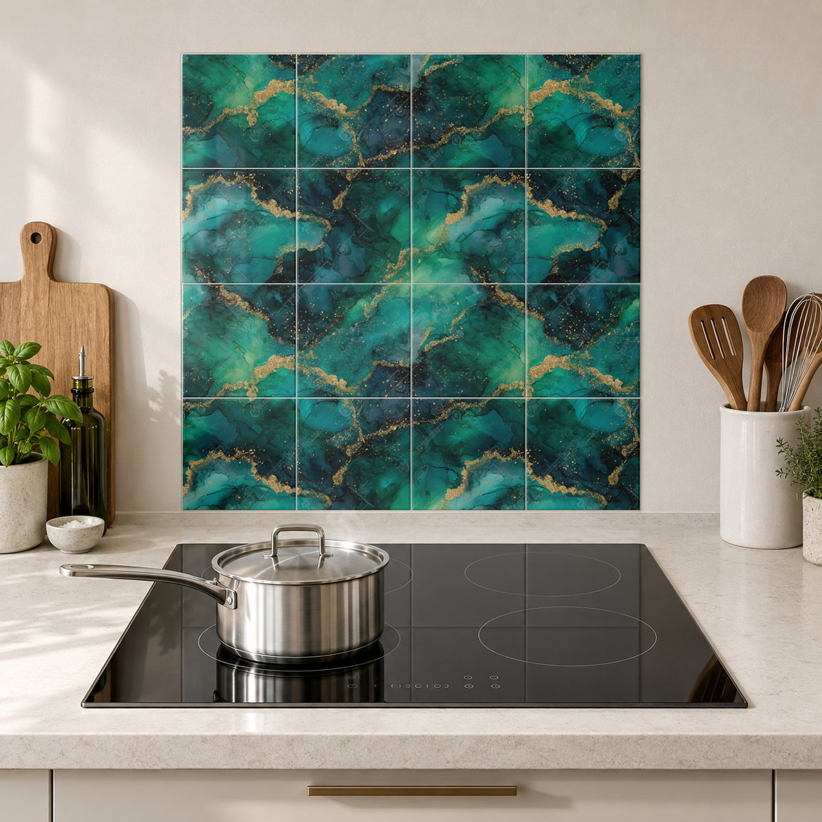 Emerald Gold Marble in the Wolfborn Studio kitchen mockup; 60 x 60 cm panel across 4 rows and 4 columns of 15 cm tiles. Styling illustration.