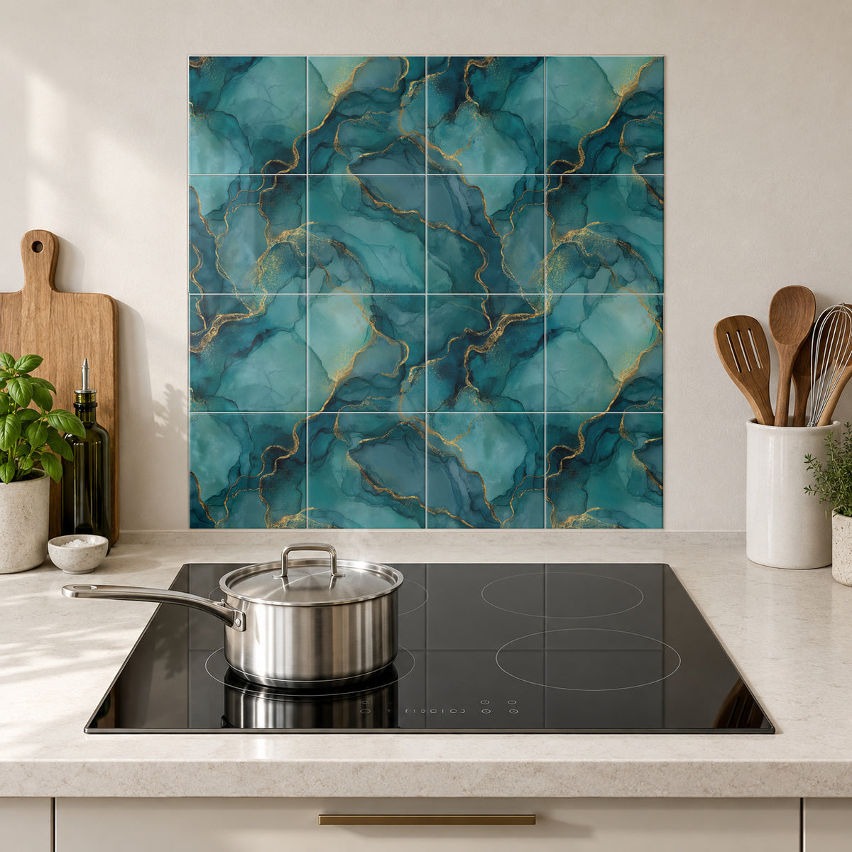 Blue Lagoon Gold Veins in the Wolfborn Studio kitchen mockup; 60 x 60 cm panel across 4 rows and 4 columns of 15 cm tiles. Styling illustration.