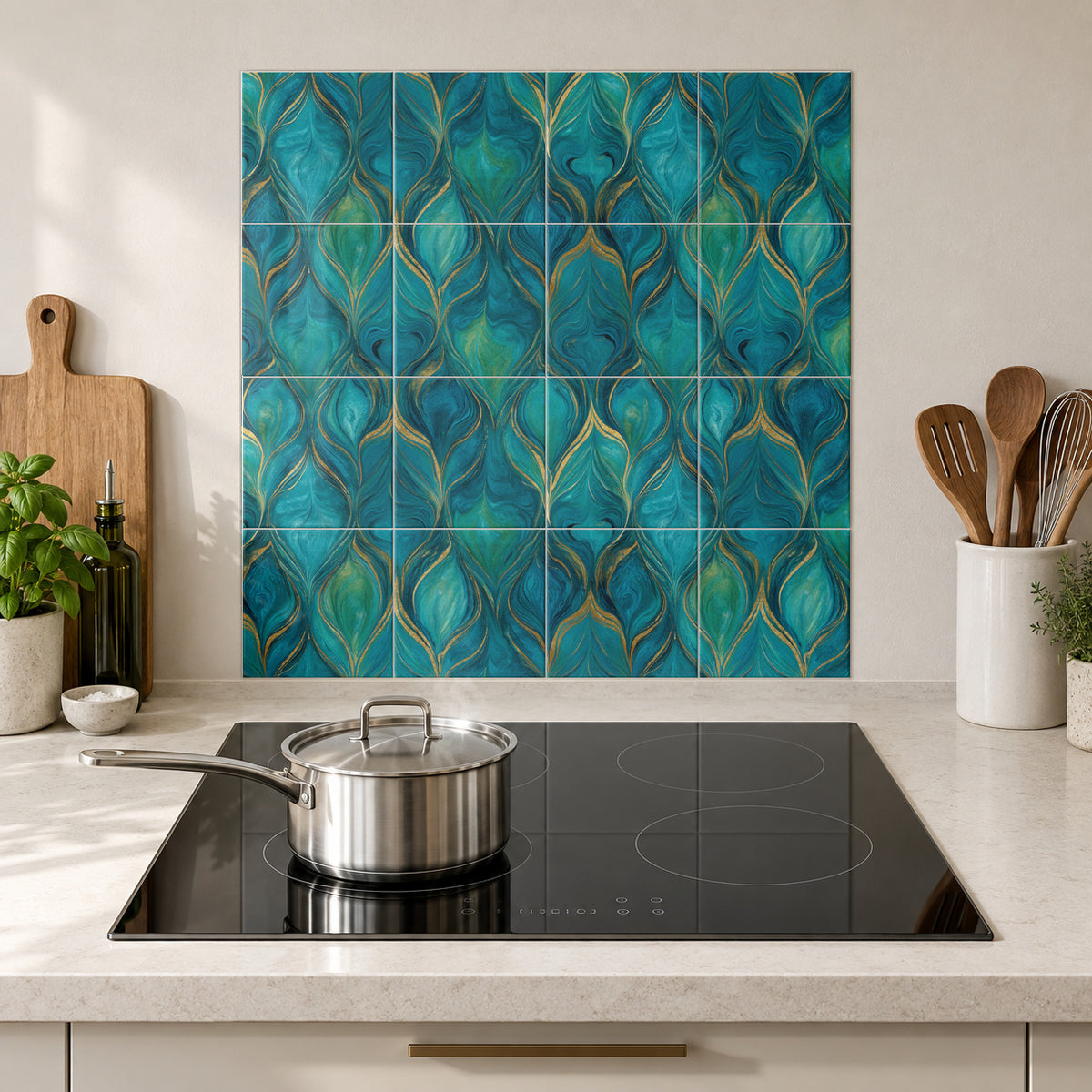 Peacock Teal Gold Ogee in the Wolfborn Studio kitchen mockup; 60 x 60 cm panel across 4 rows and 4 columns of 15 cm tiles. Styling illustration.