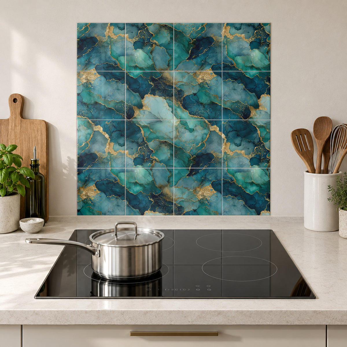 Aqua Gold Mosaic Marble in the Wolfborn Studio kitchen mockup; 60 x 60 cm panel across 4 rows and 4 columns of 15 cm tiles. Styling illustration.