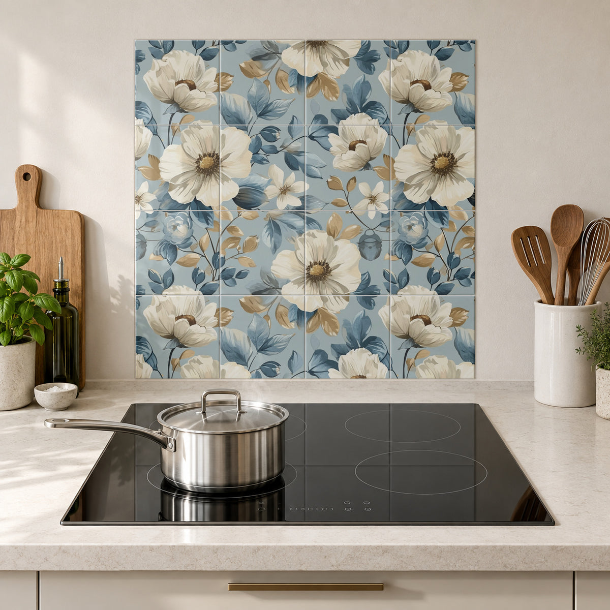 Ivory Blooms on Powder Blue in the Wolfborn Studio kitchen mockup; 60 x 60 cm panel across 4 rows and 4 columns of 15 cm tiles. Styling illustration.