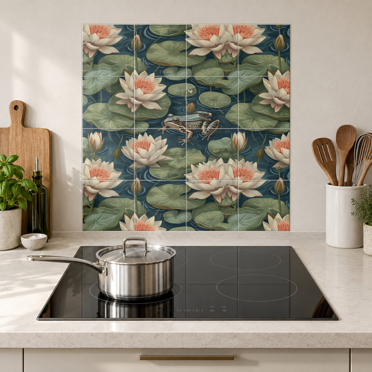 Lotus Pond and Frog in the Wolfborn Studio kitchen mockup; 60 x 60 cm panel across 4 rows and 4 columns of 15 cm tiles. Styling illustration.
