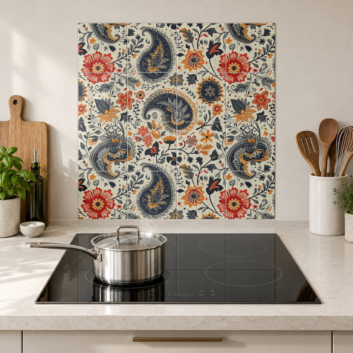 Spiced Navy Floral Paisley in the Wolfborn Studio kitchen mockup; 60 x 60 cm panel across 4 rows and 4 columns of 15 cm tiles. Styling illustration.