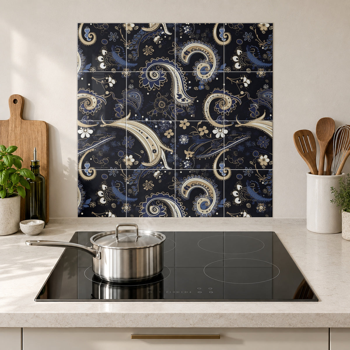 Midnight Ivory Paisley in the Wolfborn Studio kitchen mockup; 60 x 60 cm panel across 4 rows and 4 columns of 15 cm tiles. Styling illustration.