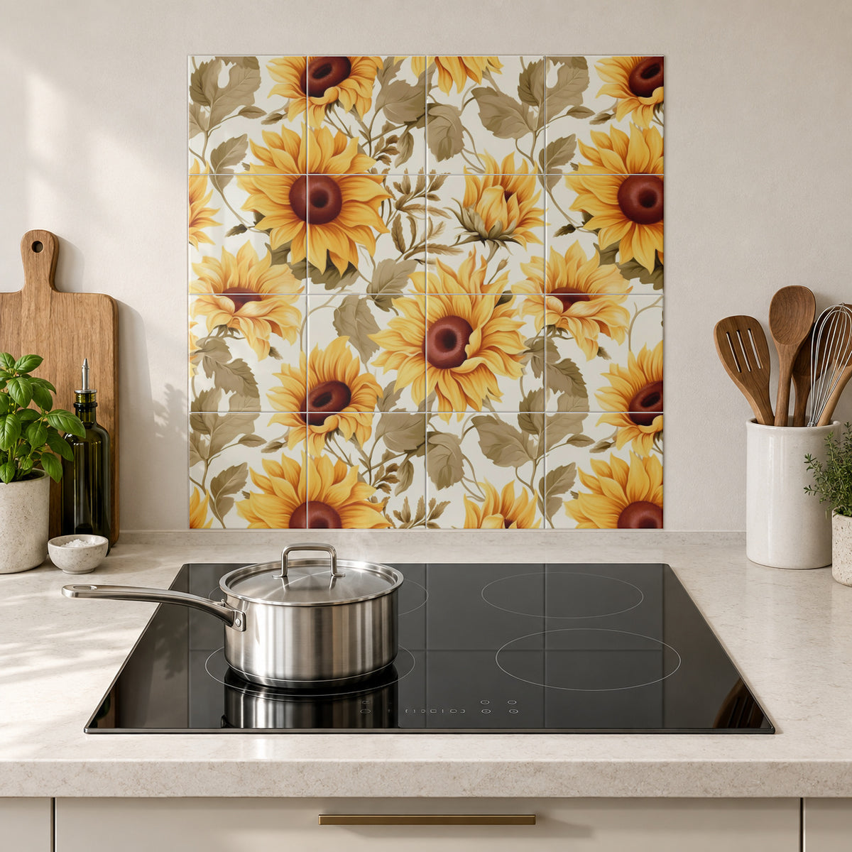 Golden Sunflower Garden in the Wolfborn Studio kitchen mockup; 60 x 60 cm panel across 4 rows and 4 columns of 15 cm tiles. Styling illustration.