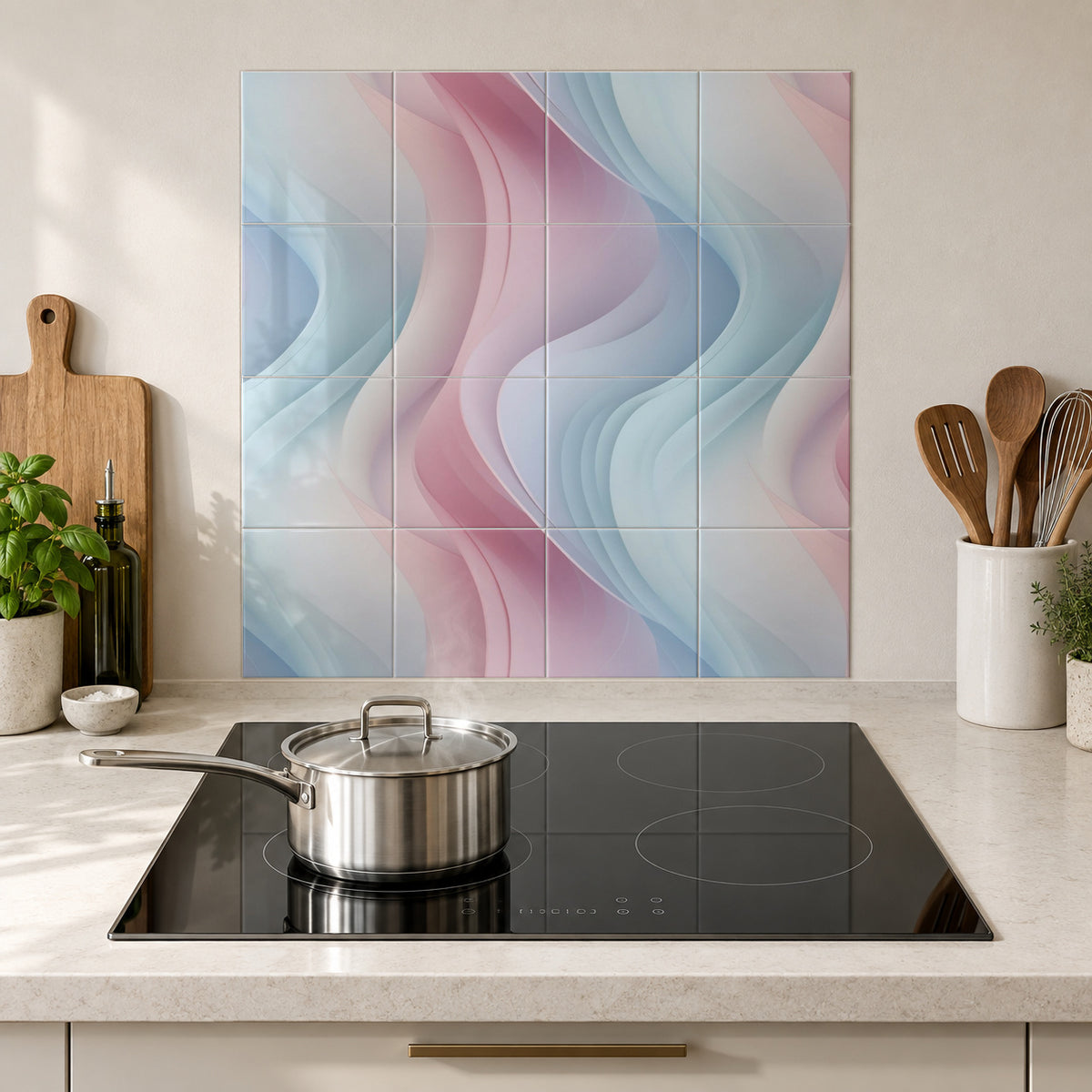 Blush and Blue Ribbon Waves in the Wolfborn Studio kitchen mockup; 60 x 60 cm panel across 4 rows and 4 columns of 15 cm tiles. Styling illustration.