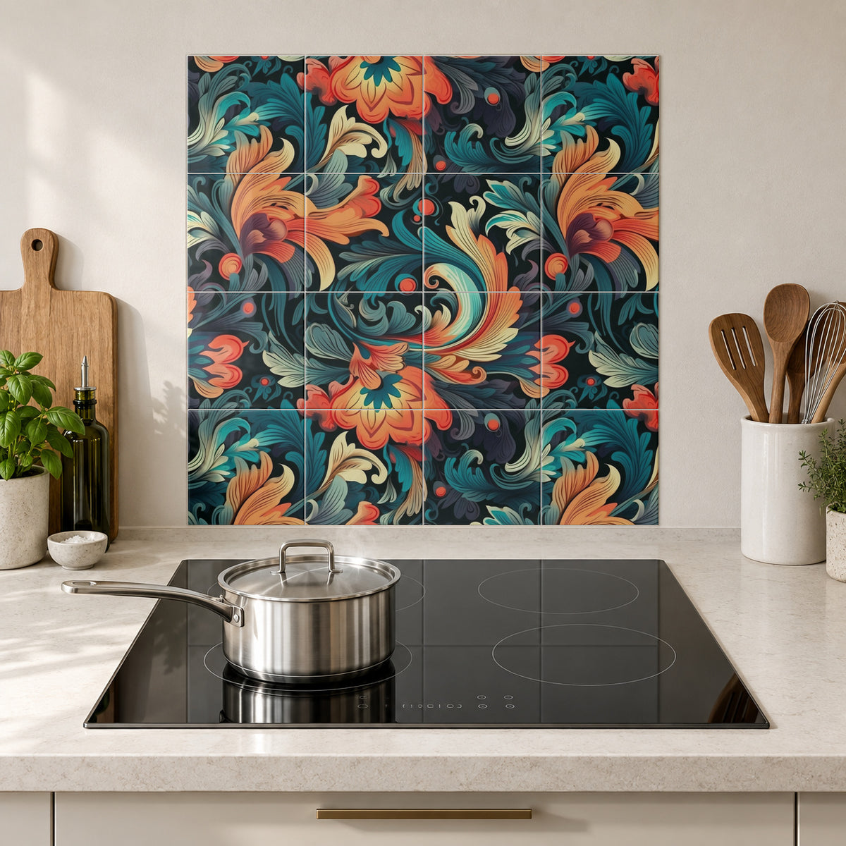 Teal and Tangerine Baroque in the Wolfborn Studio kitchen mockup; 60 x 60 cm panel across 4 rows and 4 columns of 15 cm tiles. Styling illustration.