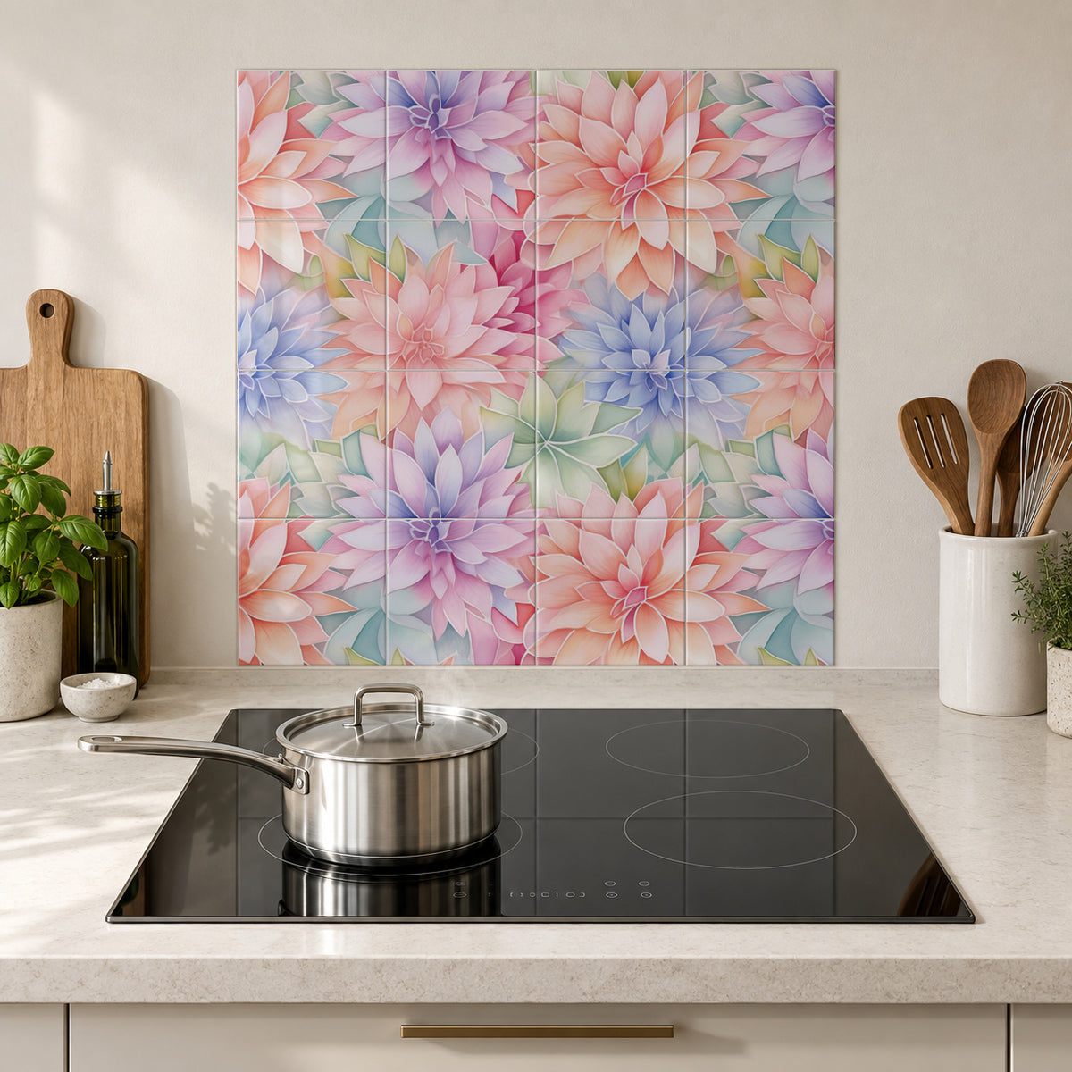 Pastel Dahlia Confetti in the Wolfborn Studio kitchen mockup; 60 x 60 cm panel across 4 rows and 4 columns of 15 cm tiles. Styling illustration.