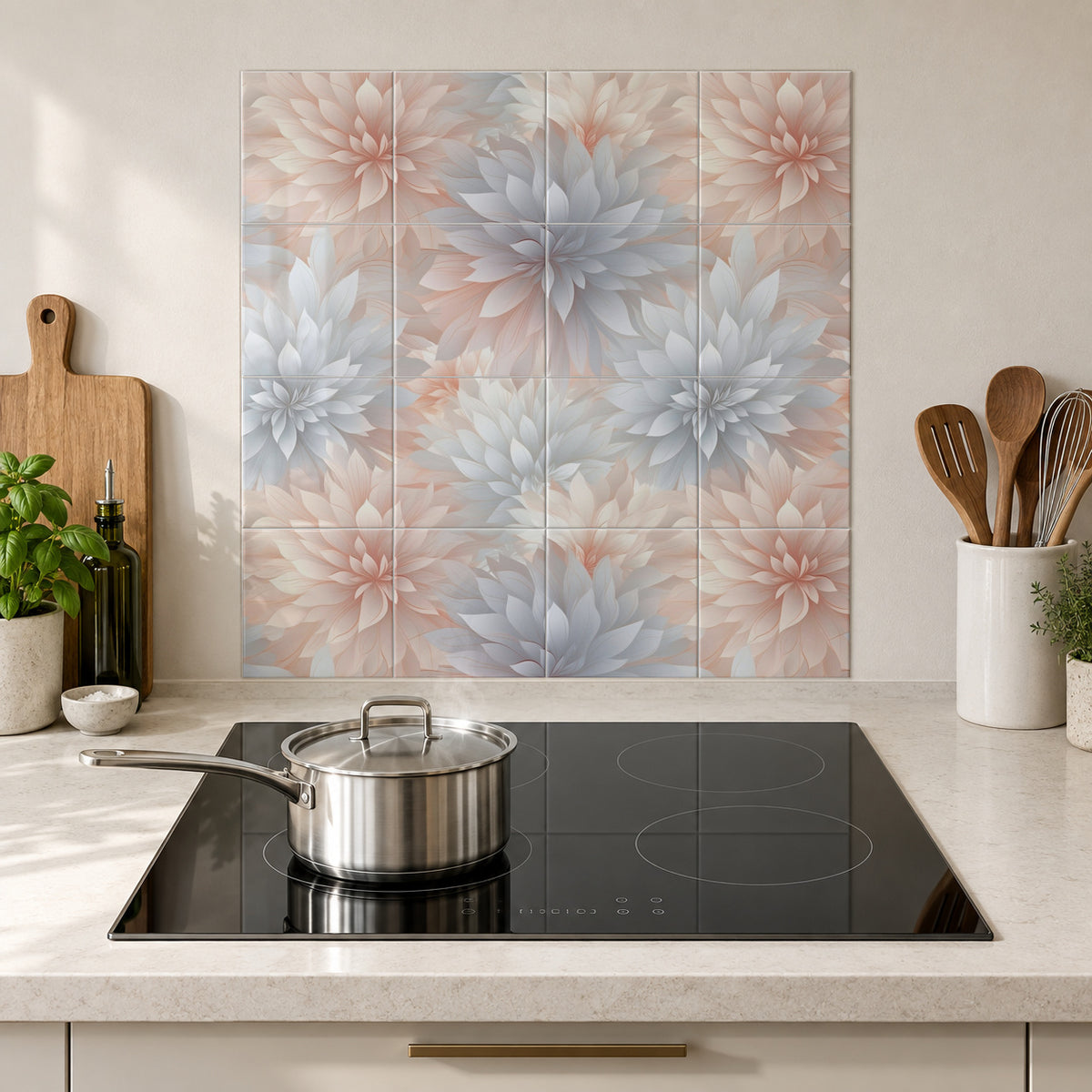 Pearl and Blush Dahlias in the Wolfborn Studio kitchen mockup; 60 x 60 cm panel across 4 rows and 4 columns of 15 cm tiles. Styling illustration.