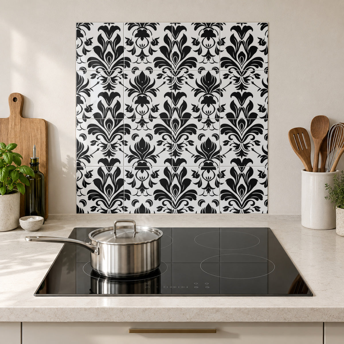 Classic Black and White Damask in the Wolfborn Studio kitchen mockup; 60 x 60 cm panel across 4 rows and 4 columns of 15 cm tiles. Styling illustration.
