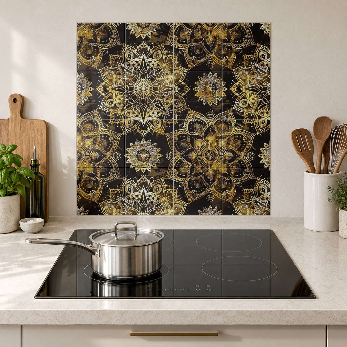 Golden Mandala on Black in the Wolfborn Studio kitchen mockup; 60 x 60 cm panel across 4 rows and 4 columns of 15 cm tiles. Styling illustration.