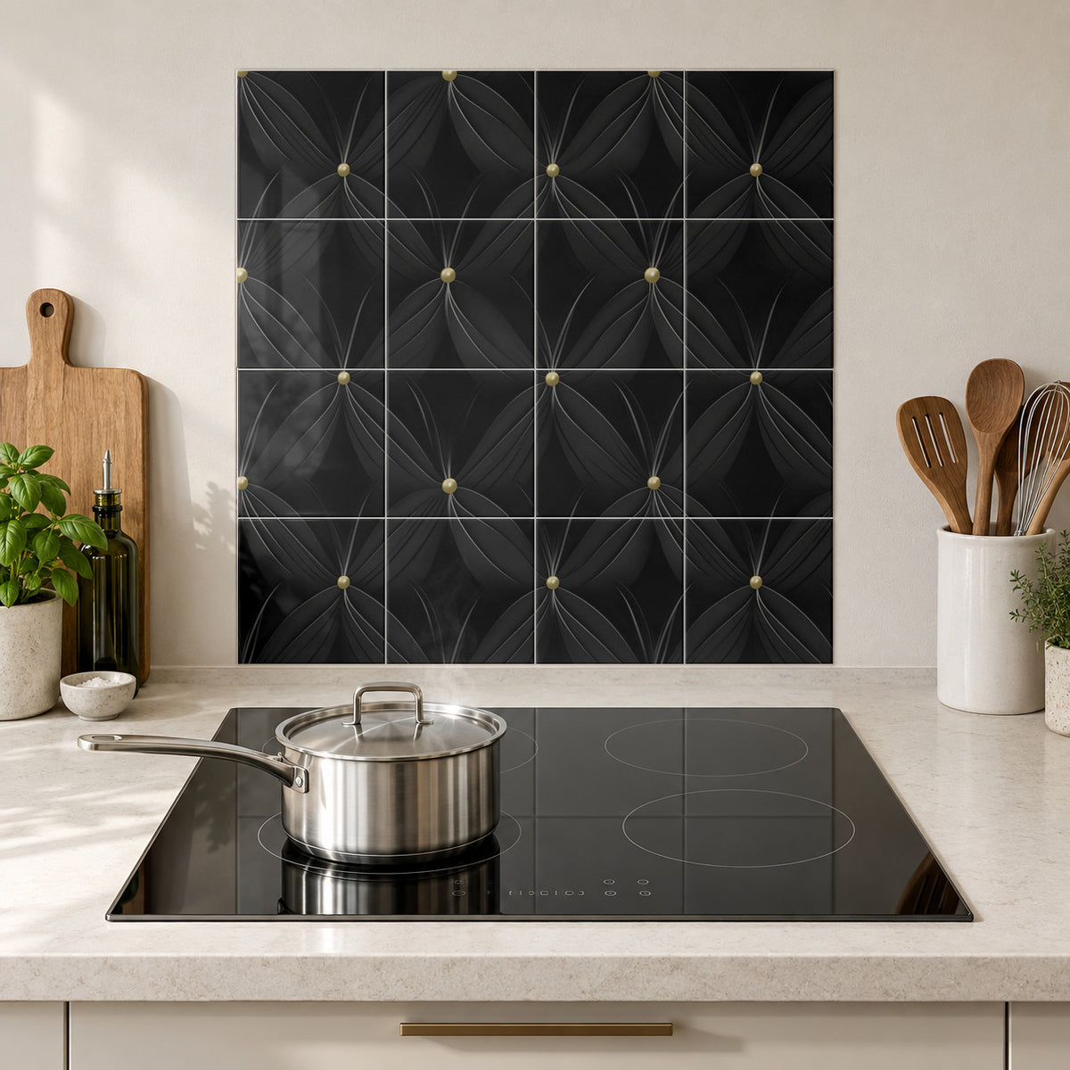 Midnight Petal Lattice in the Wolfborn Studio kitchen mockup; 60 x 60 cm panel across 4 rows and 4 columns of 15 cm tiles. Styling illustration.