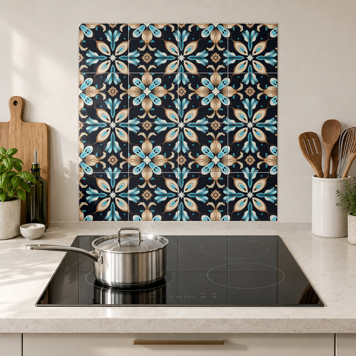 Aqua and Gold Floral Star in the Wolfborn Studio kitchen mockup; 60 x 60 cm panel across 4 rows and 4 columns of 15 cm tiles. Styling illustration.