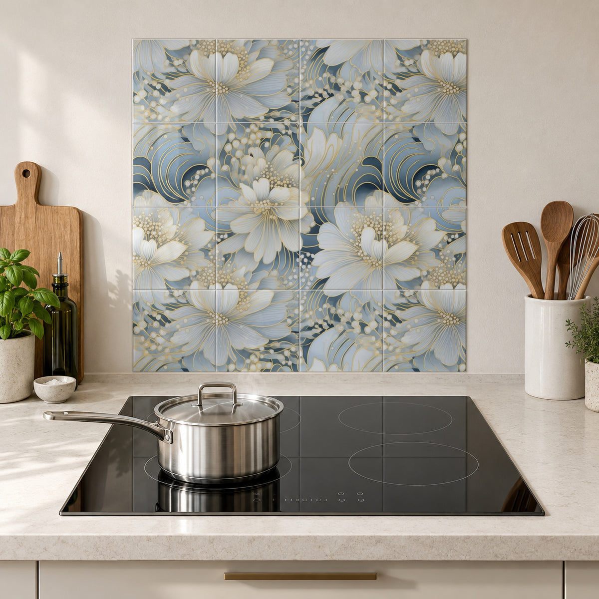 Pearl Blue Gilded Blossoms in the Wolfborn Studio kitchen mockup; 60 x 60 cm panel across 4 rows and 4 columns of 15 cm tiles. Styling illustration.
