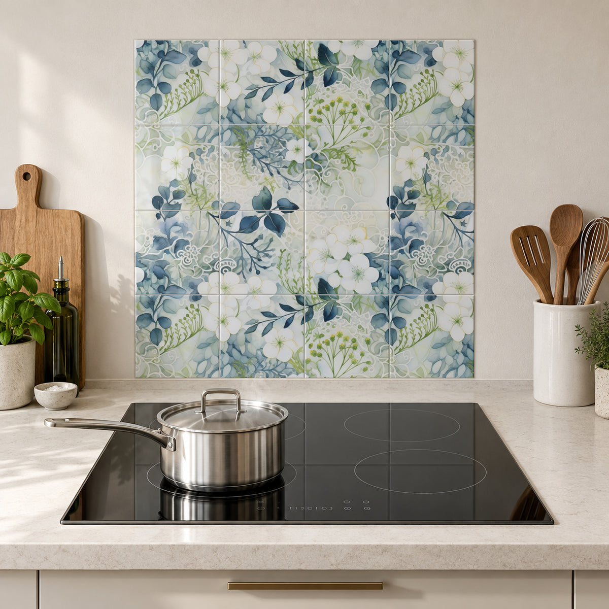 Misty Blue Wildflower Lace in the Wolfborn Studio kitchen mockup; 60 x 60 cm panel across 4 rows and 4 columns of 15 cm tiles. Styling illustration.