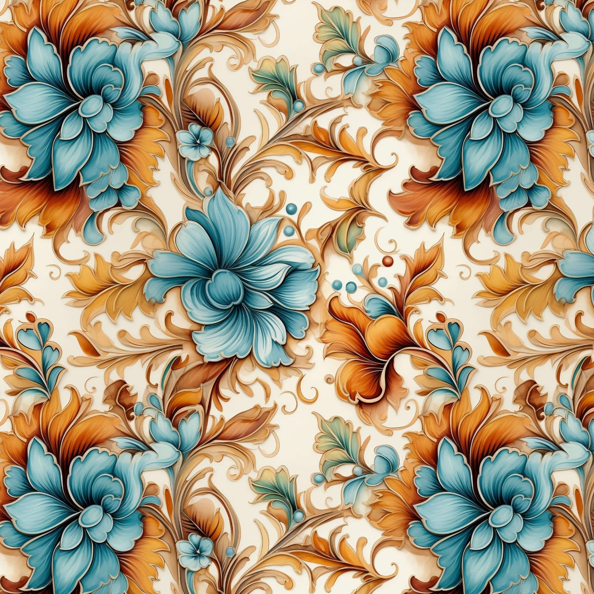Copper and Teal Floral Scroll artwork at the supplied scale for a nominal 60 x 60 cm reference panel.