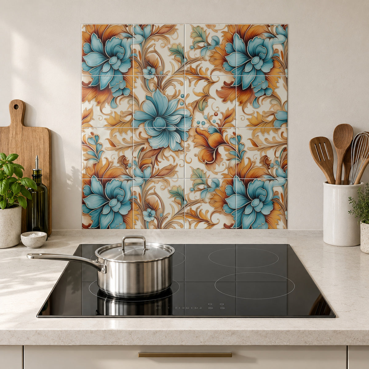 Copper and Teal Floral Scroll in the Wolfborn Studio kitchen mockup; 60 x 60 cm panel across 4 rows and 4 columns of 15 cm tiles. Styling illustration.