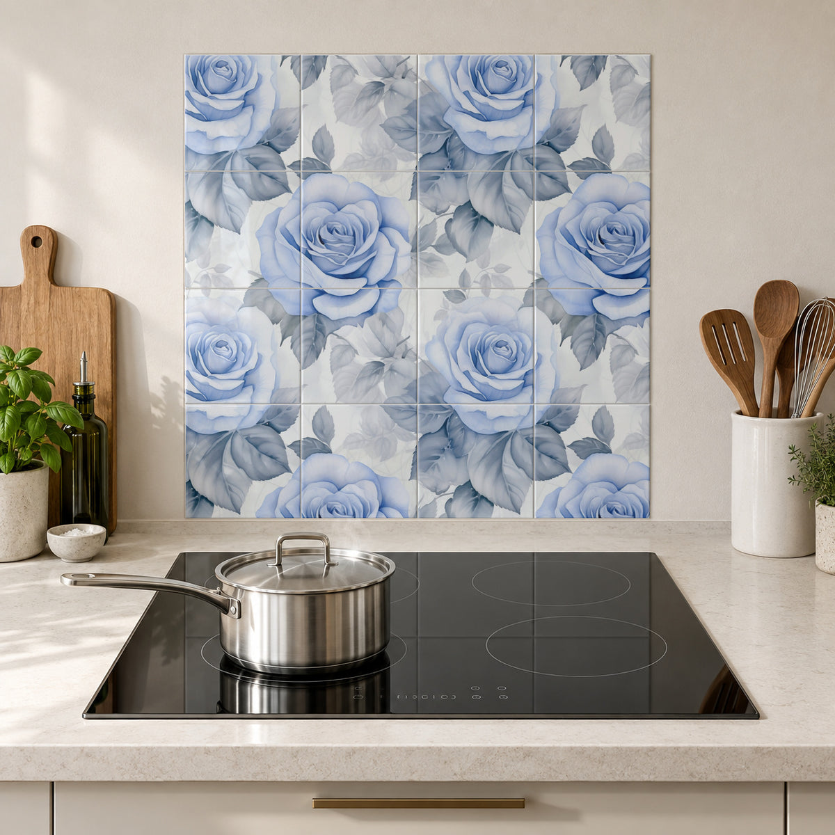 Porcelain Blue Roses in the Wolfborn Studio kitchen mockup; 60 x 60 cm panel across 4 rows and 4 columns of 15 cm tiles. Styling illustration.