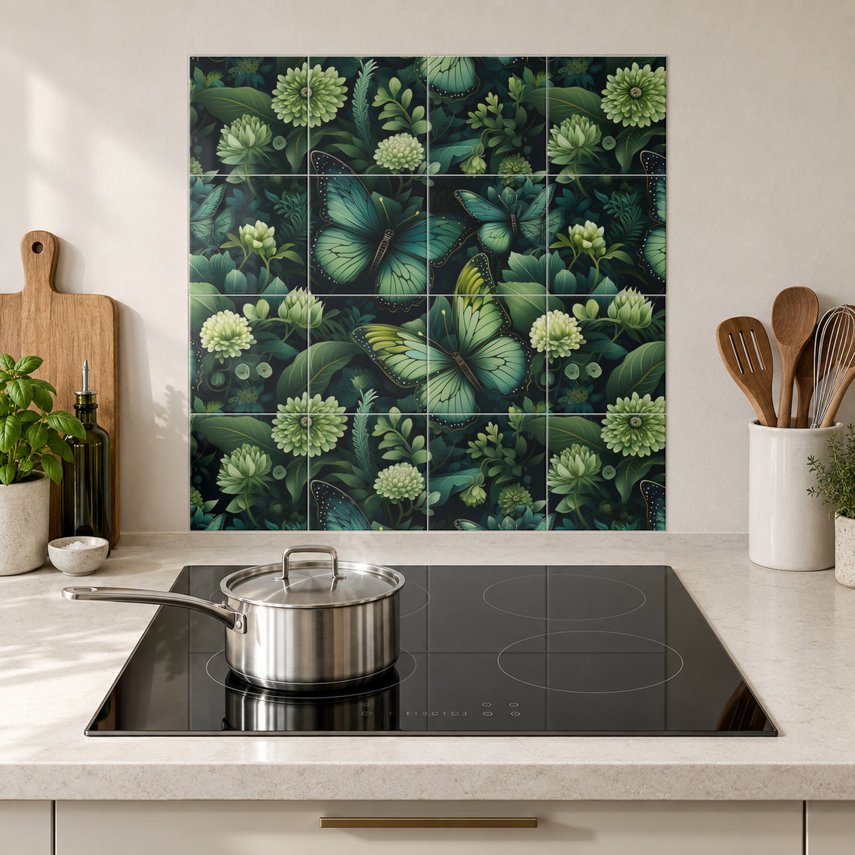 Emerald Butterfly Garden in the Wolfborn Studio kitchen mockup; 60 x 60 cm panel across 4 rows and 4 columns of 15 cm tiles. Styling illustration.