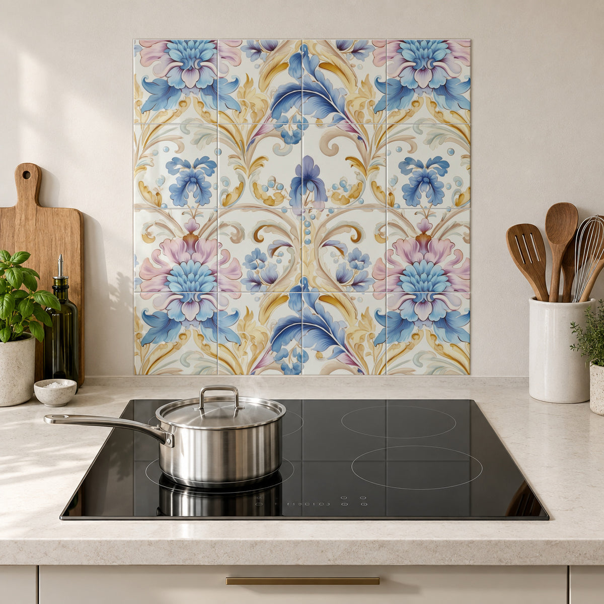 Antique Pastel Floral Flourish in the Wolfborn Studio kitchen mockup; 60 x 60 cm panel across 4 rows and 4 columns of 15 cm tiles. Styling illustration.