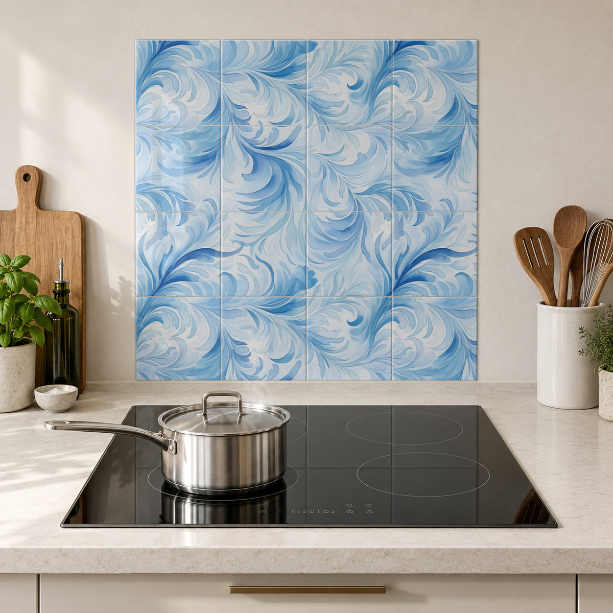 Sky Blue Acanthus Swirls in the Wolfborn Studio kitchen mockup; 60 x 60 cm panel across 4 rows and 4 columns of 15 cm tiles. Styling illustration.