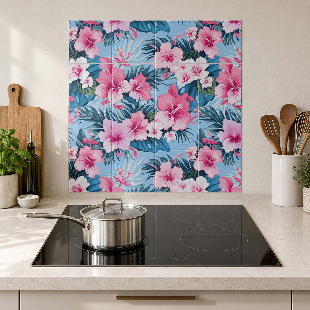Pink Hibiscus on Blue in the Wolfborn Studio kitchen mockup; 60 x 60 cm panel across 4 rows and 4 columns of 15 cm tiles. Styling illustration.