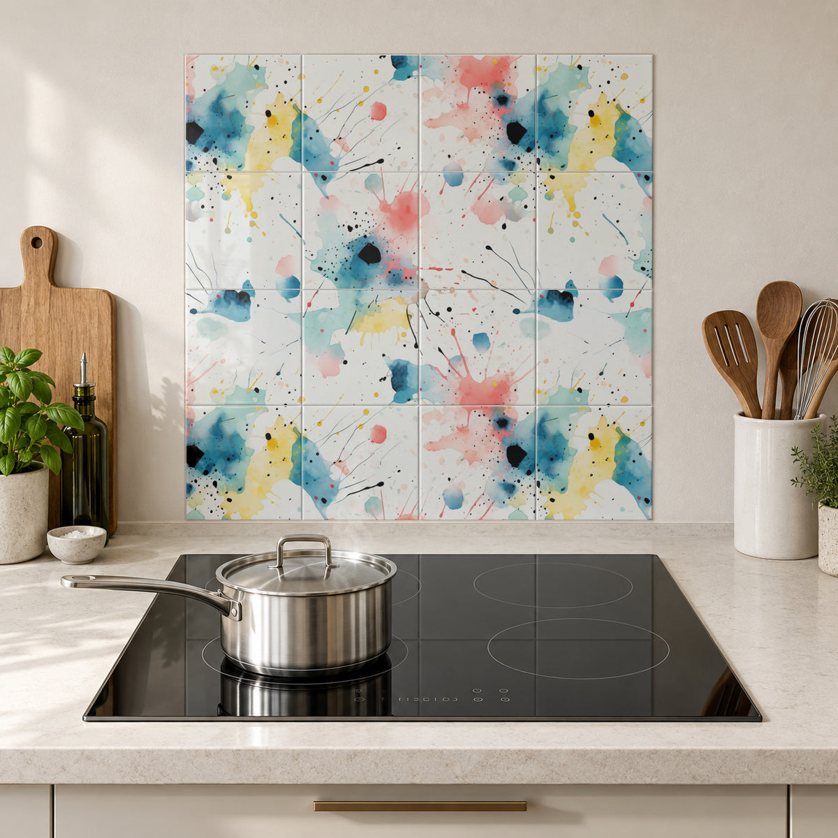 Watercolour Confetti Splash in the Wolfborn Studio kitchen mockup; 60 x 60 cm panel across 4 rows and 4 columns of 15 cm tiles. Styling illustration.