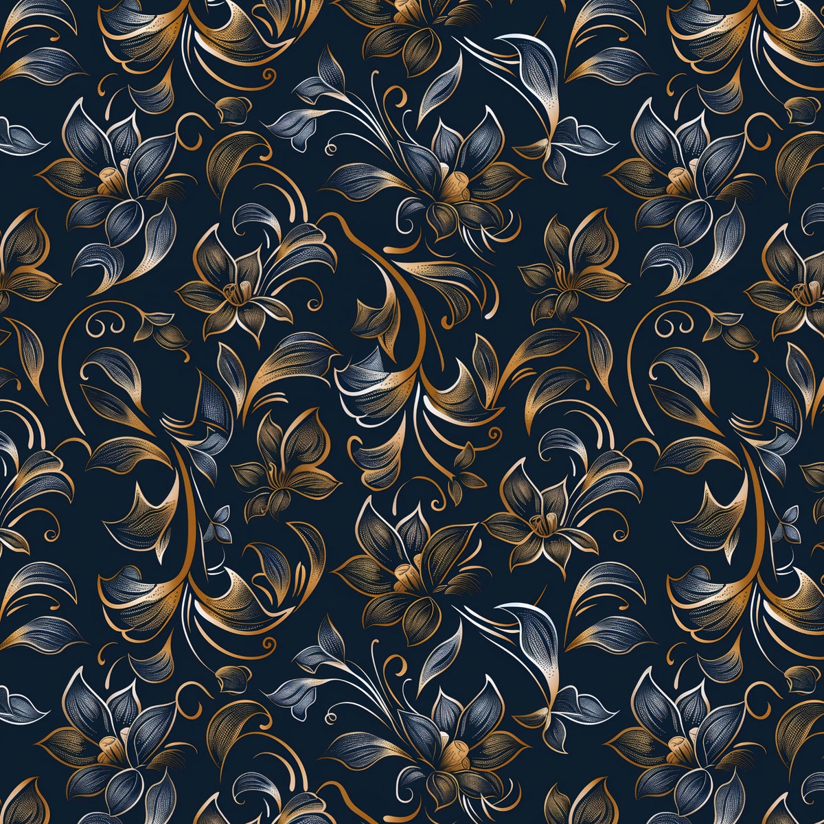 Antique Gold Vines on Navy artwork at the supplied scale for a nominal 60 x 60 cm reference panel.