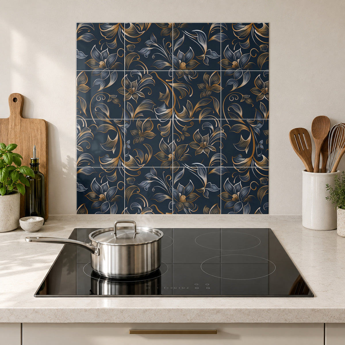 Antique Gold Vines on Navy in the Wolfborn Studio kitchen mockup; 60 x 60 cm panel across 4 rows and 4 columns of 15 cm tiles. Styling illustration.