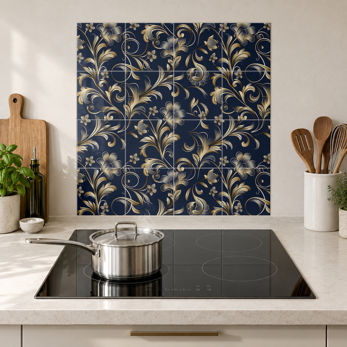 Midnight Golden Floral Scroll in the Wolfborn Studio kitchen mockup; 60 x 60 cm panel across 4 rows and 4 columns of 15 cm tiles. Styling illustration.