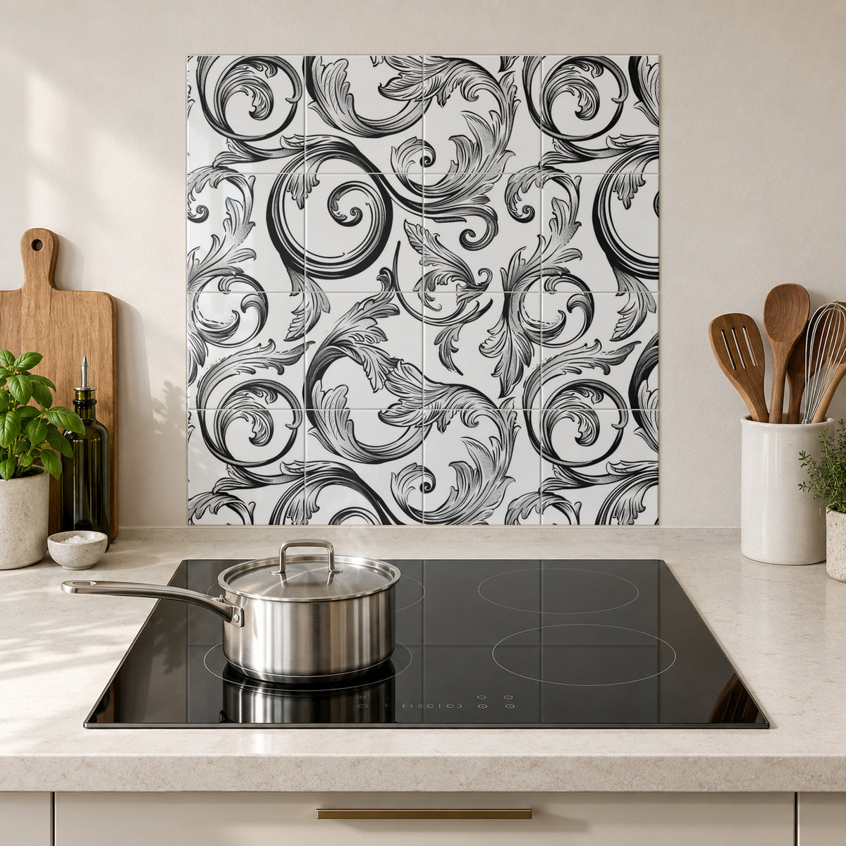 Black Ink Acanthus in the Wolfborn Studio kitchen mockup; 60 x 60 cm panel across 4 rows and 4 columns of 15 cm tiles. Styling illustration.