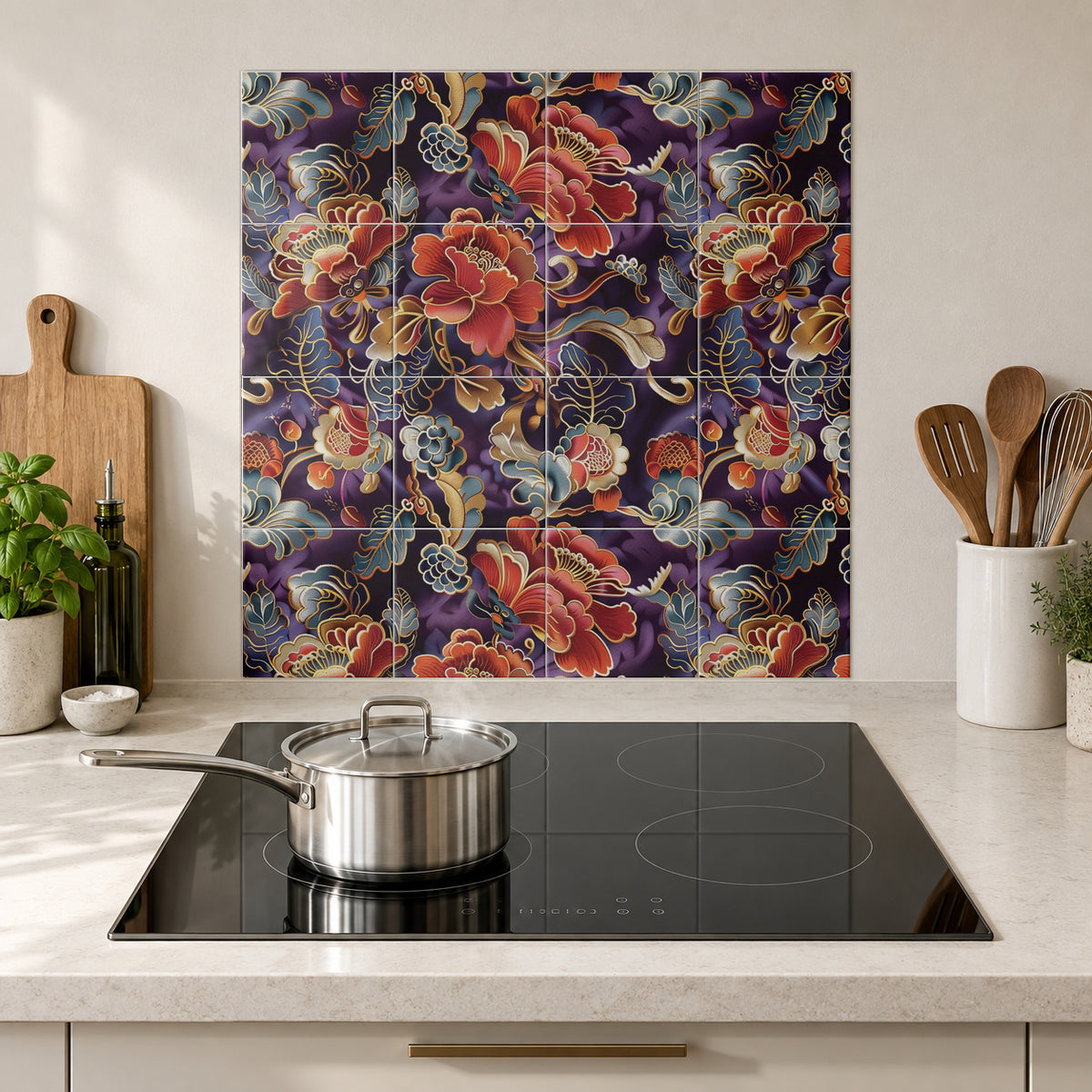 Jewel Red Floral Tapestry in the Wolfborn Studio kitchen mockup; 60 x 60 cm panel across 4 rows and 4 columns of 15 cm tiles. Styling illustration.