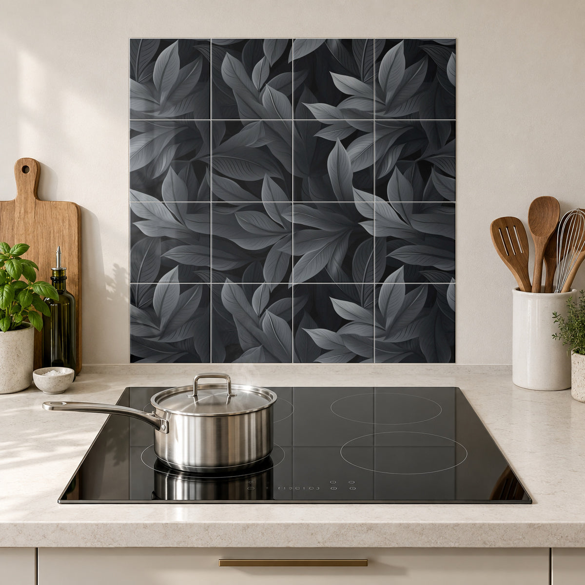 Charcoal Leaf Canopy in the Wolfborn Studio kitchen mockup; 60 x 60 cm panel across 4 rows and 4 columns of 15 cm tiles. Styling illustration.