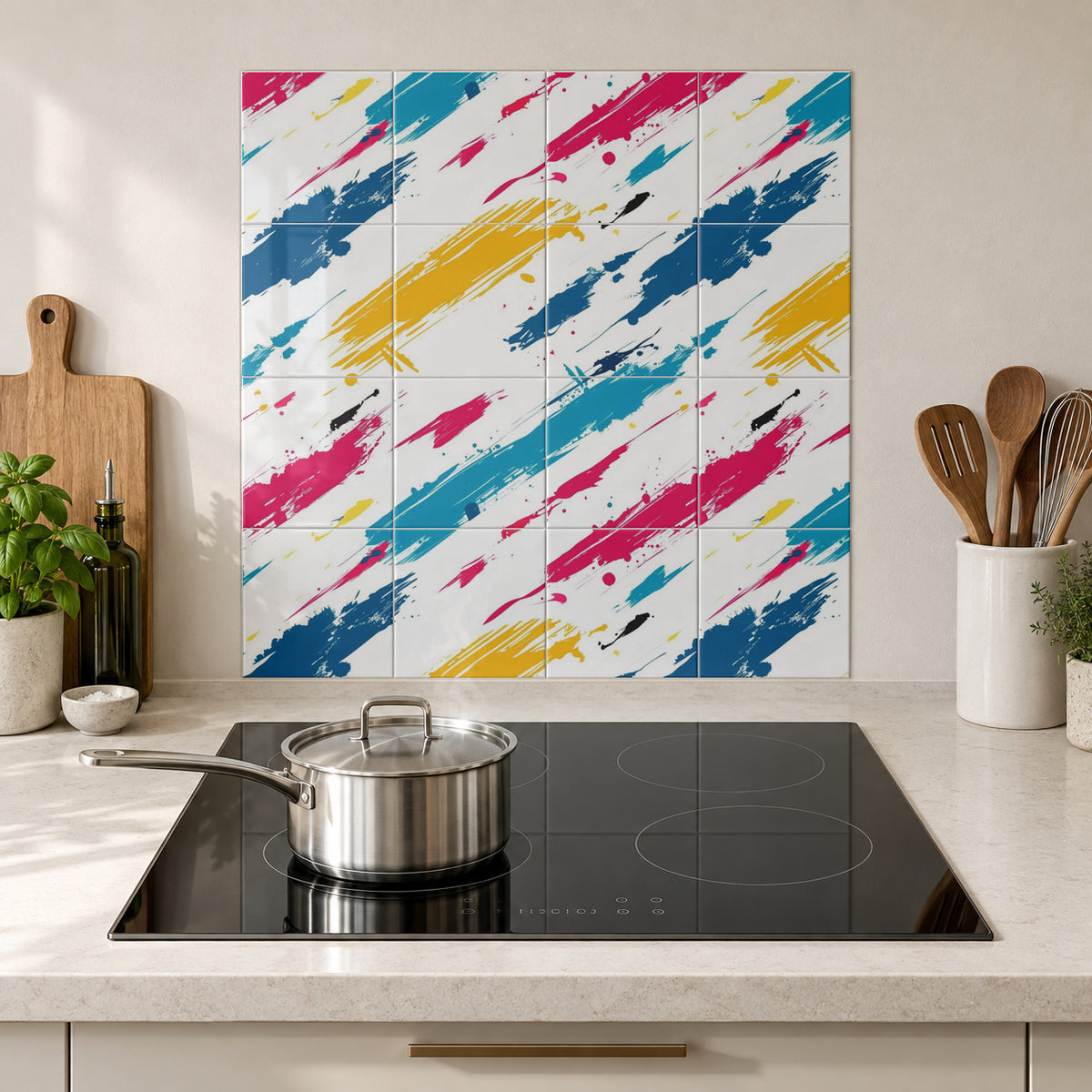 Bright Brushstroke Scatter in the Wolfborn Studio kitchen mockup; 60 x 60 cm panel across 4 rows and 4 columns of 15 cm tiles. Styling illustration.