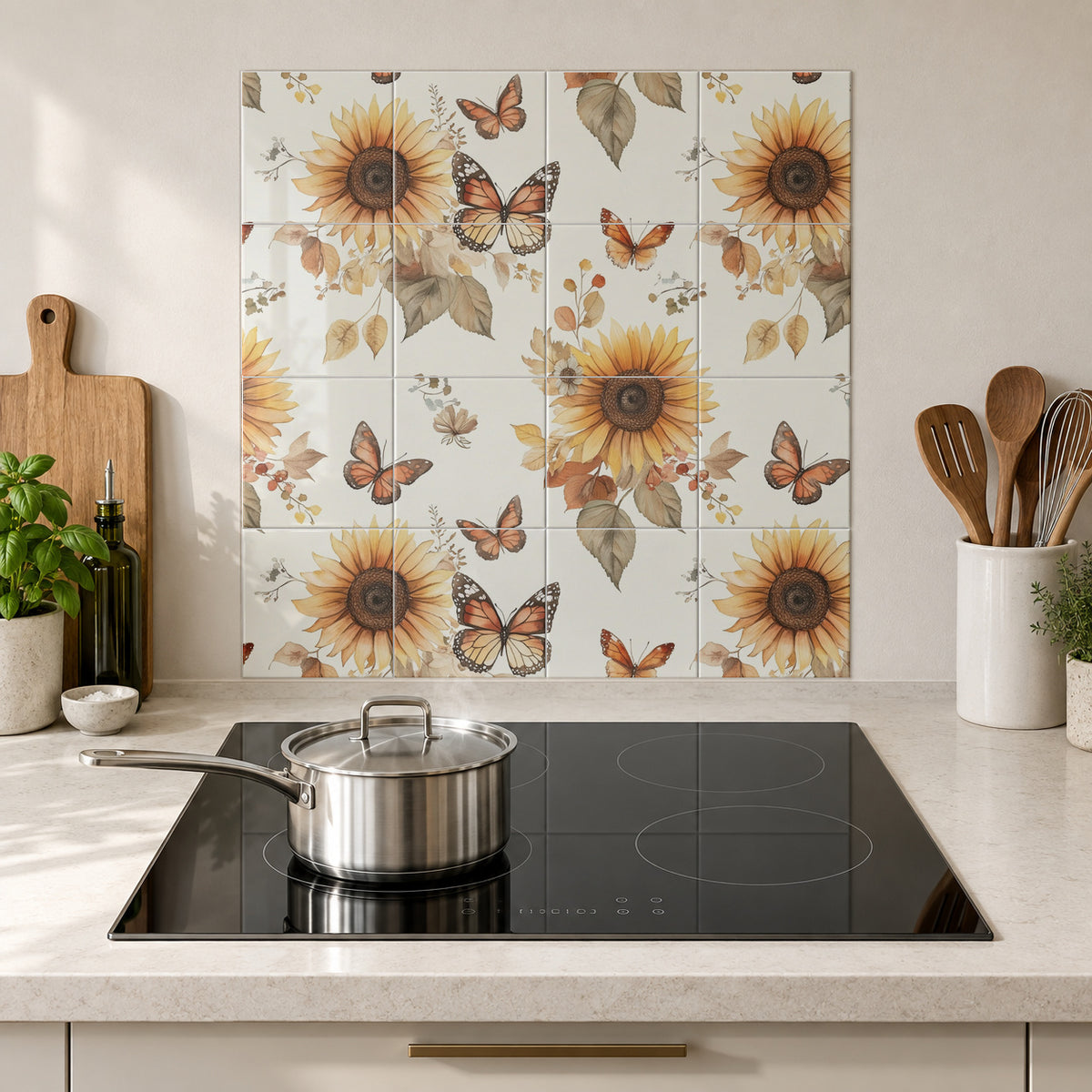 Sunflowers and Amber Butterflies in the Wolfborn Studio kitchen mockup; 60 x 60 cm panel across 4 rows and 4 columns of 15 cm tiles. Styling illustration.
