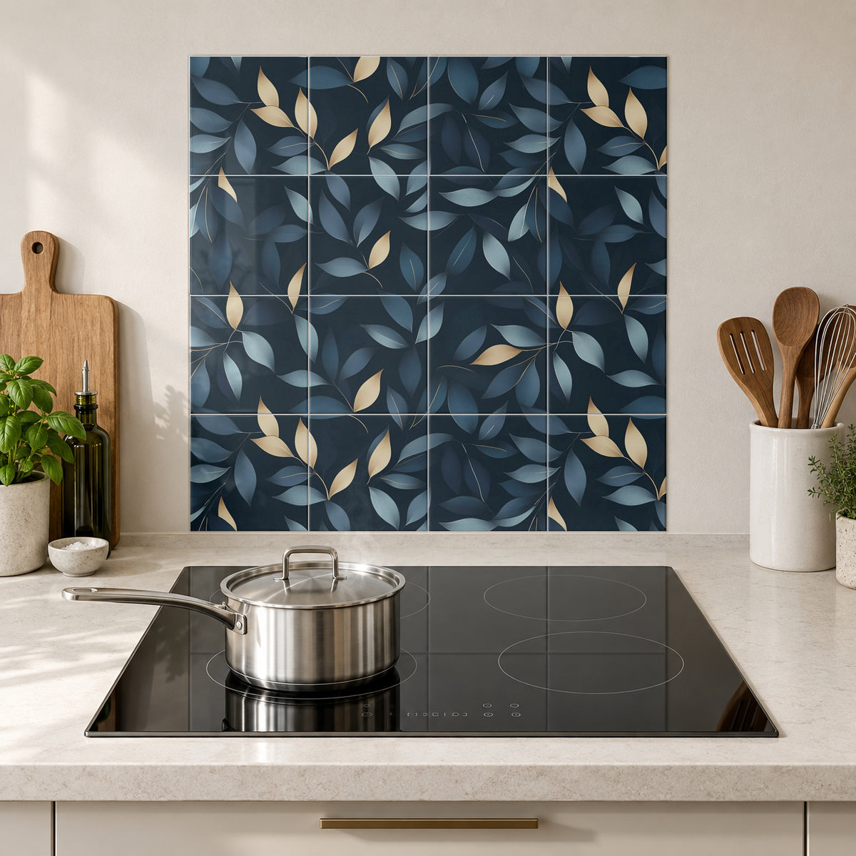 Midnight Blue and Gold Leaves in the Wolfborn Studio kitchen mockup; 60 x 60 cm panel across 4 rows and 4 columns of 15 cm tiles. Styling illustration.