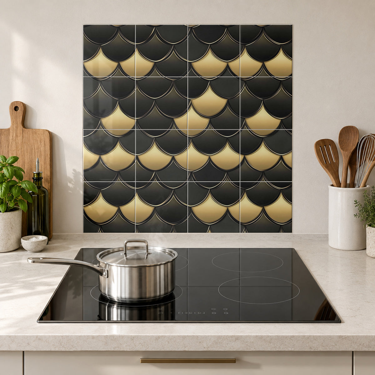Black and Gold Scallops in the Wolfborn Studio kitchen mockup; 60 x 60 cm panel across 4 rows and 4 columns of 15 cm tiles. Styling illustration.
